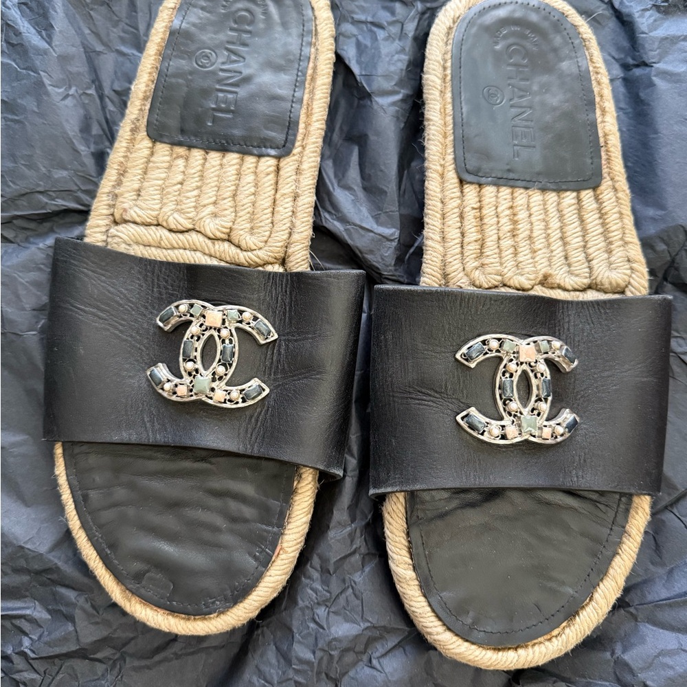 Chanel Black Leather Espadrille Sandals